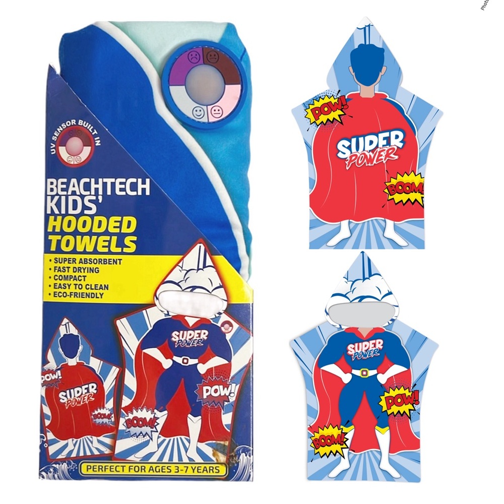 UV Sensing Kids‎ Micro-Fiber Super Power Poncho Hooded Beach Towel Cover Up OS